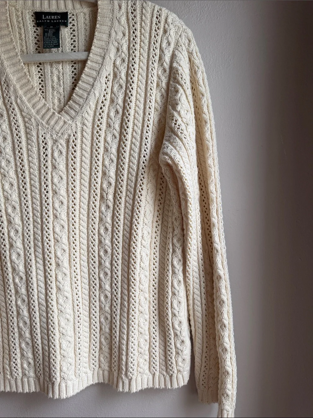 Lauren Ralph Lauren Ivory Cable-Knit V-Neck Sweater 100% Cotton - Picture 5 of 7
